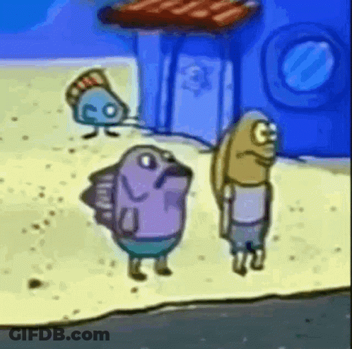 A Cartoon Of Two Fish Standing Next To Each Other On A Beach . GIF
