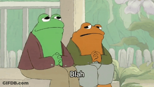 A Cartoon Of Two Frogs Sitting Next To Each Other With Blah Written On The Bottom GIF