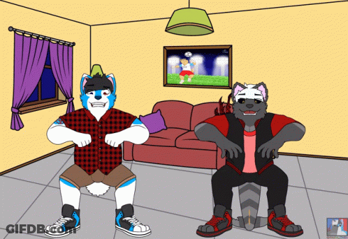 A Cartoon Of Two Furry Guys In A Living Room With A Picture On The Wall That Says ' Soccer ' On It GIF