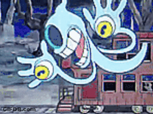 A Cartoon Of Two Ghosts Standing Next To A Train With Their Mouths Open . GIF