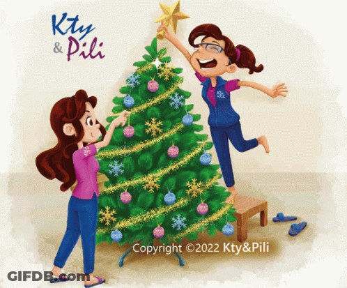 A Cartoon Of Two Girls Decorating A Christmas Tree Is Copyrighted By Kty And Pili GIF