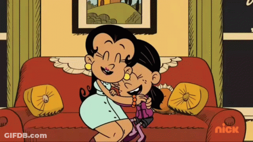 A Cartoon Of Two Girls Hugging Each Other On A Couch With Nick Written On The Bottom Right GIF