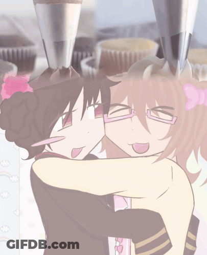 A Cartoon Of Two Girls Hugging With Cupcakes In The Background GIF
