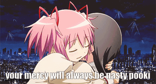 A Cartoon Of Two Girls Hugging With The Words Your Mercy Will Always Be Nasty Pooki GIF