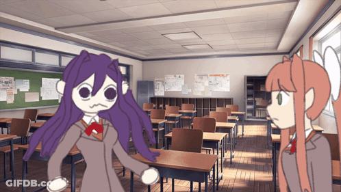 A Cartoon Of Two Girls In A Classroom With Papers On The Wall GIF