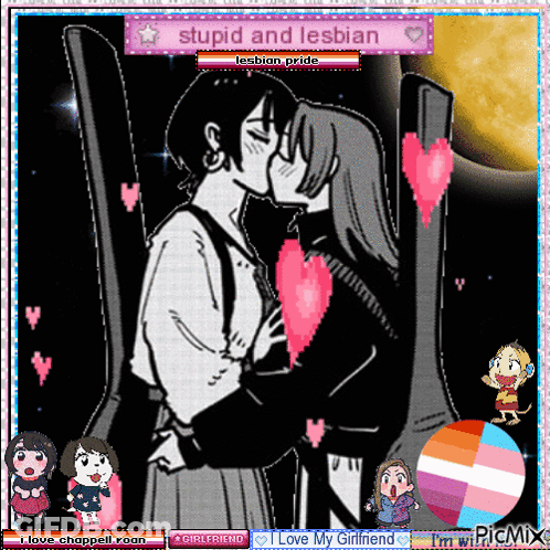 A Cartoon Of Two Girls Kissing With The Words Stupid And Lesbian Lesbian Pride At The Top GIF