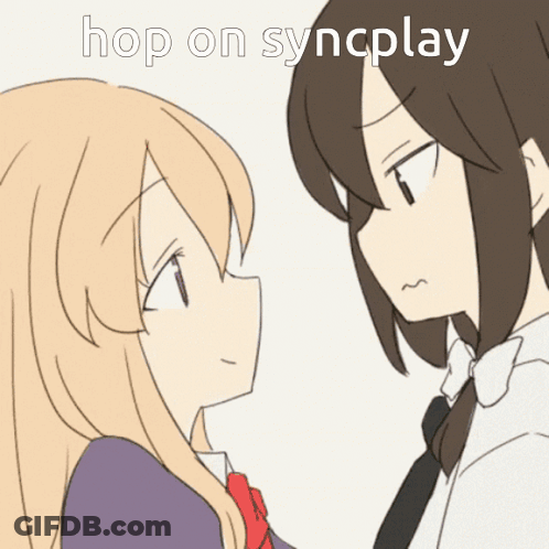 A Cartoon Of Two Girls Looking At Each Other With The Words Hop On Syncplay Below Them GIF