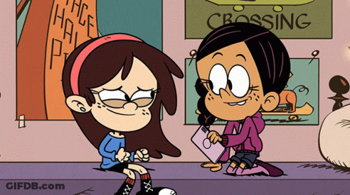 A Cartoon Of Two Girls Sitting Next To Each Other With A Sign That Says Crossing In The Background GIF