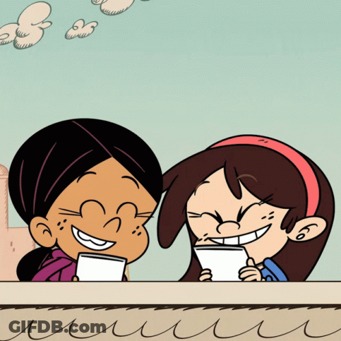 A Cartoon Of Two Girls Smiling And Looking At Their Phones GIF