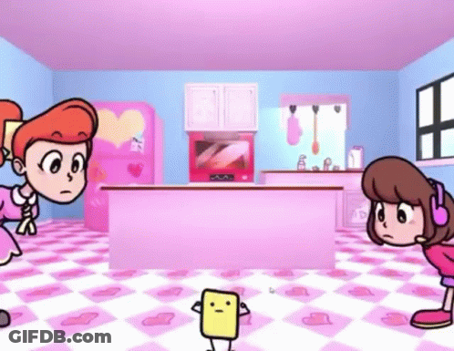 A Cartoon Of Two Girls Standing In A Kitchen With A Yellow Square Standing In The Middle GIF