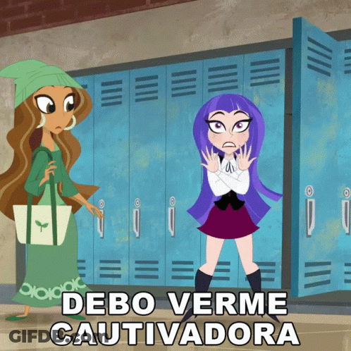 A Cartoon Of Two Girls Standing In Front Of Lockers With The Words Debo Verme Cautivadora On The Bottom GIF