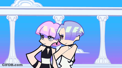 A Cartoon Of Two Girls Standing Next To Each Other GIF