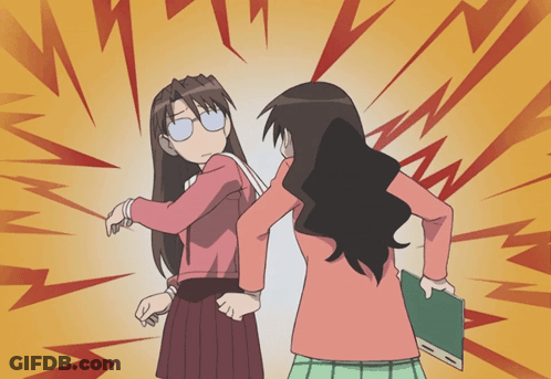 A Cartoon Of Two Girls Standing Next To Each Other With Lightning Bolts In The Background GIF