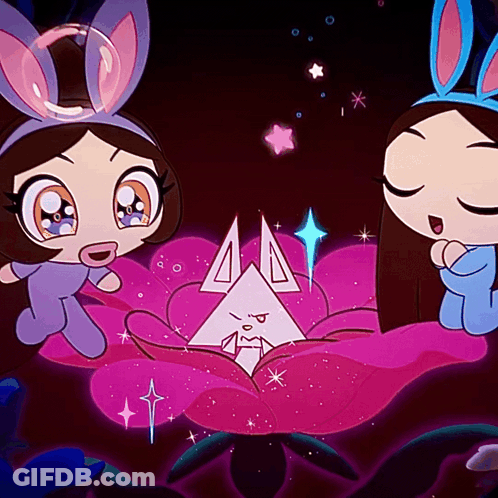 A Cartoon Of Two Girls With Bunny Ears Sitting On A Pink Flower GIF