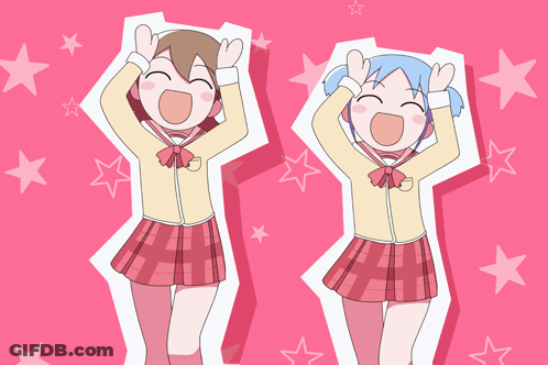 A Cartoon Of Two Girls With Their Hands In The Air On A Pink Background GIF