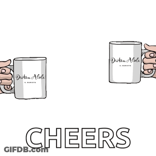 A Cartoon Of Two Hands Holding Coffee Mugs With The Words Happy Friendship Day Cheers Below Them GIF