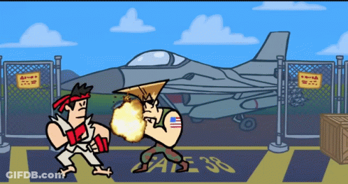A Cartoon Of Two Men Fighting In Front Of A Fence With Gate 38 On It GIF