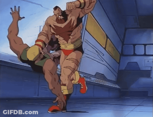 A Cartoon Of Two Men Fighting With One Wearing Red Shoes GIF