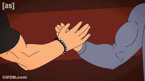 A Cartoon Of Two Men Giving Each Other A High Five With The Letters [ As ] Above Them GIF