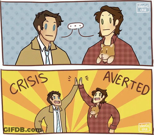 A Cartoon Of Two Men Giving Each Other A High Five With The Words Crisis Written On The Bottom GIF