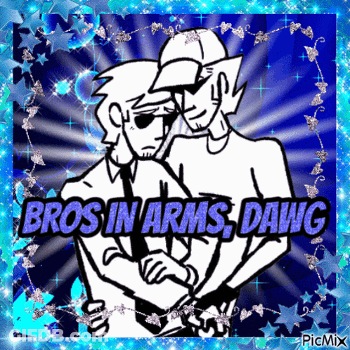 A Cartoon Of Two Men Hugging With The Words Bros In Arms Dawg GIF