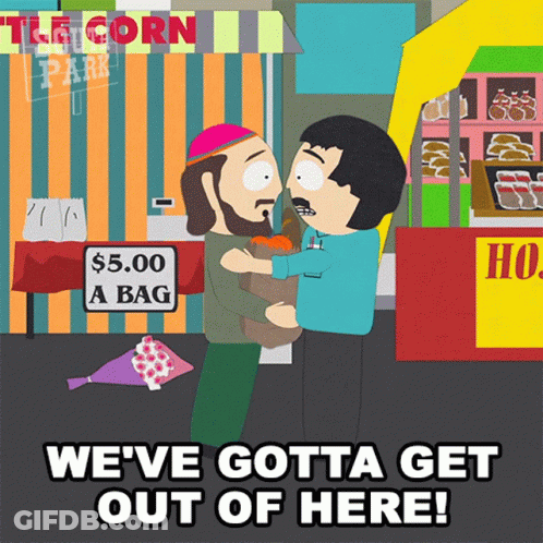 A Cartoon Of Two Men Hugging With The Words We 'Ve Gotta Get Out Of Here Below Them GIF
