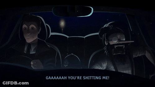 A Cartoon Of Two Men In A Car With The Words " You 'Re Shitting Me My Pants Your Pants " GIF