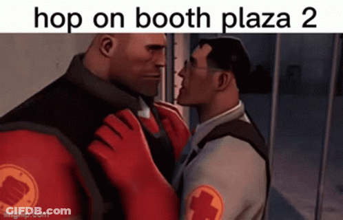 A Cartoon Of Two Men Kissing With The Words Hop On Booth Plaza 2 GIF