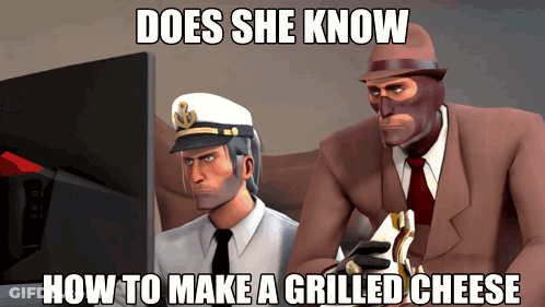 A Cartoon Of Two Men Looking At A Computer Screen With The Caption Does She Know How To Make A Grilled Cheese GIF