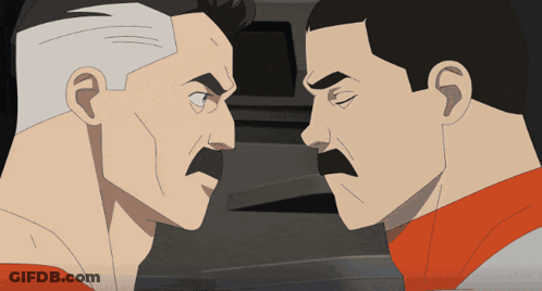 A Cartoon Of Two Men Looking At Each Other With Their Eyes Closed GIF