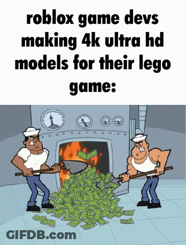 A Cartoon Of Two Men Making 4K Ultra Hd Models For Their Lego Game With A Pile Of Money GIF