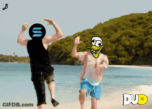 Cartoon Of Two Men On Beach With Dux GIF
