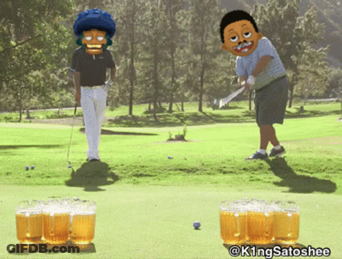 A Cartoon Of Two Men Playing Golf With Beer Mugs In The Foreground And @Kingsatoshee At The Bottom GIF