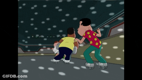 A Cartoon Of Two Men Rollerblading In A Rink GIF