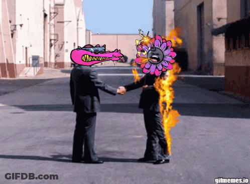 A Cartoon Of Two Men Shaking Hands With A Flower On Fire Behind Them GIF
