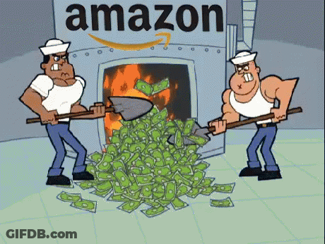 A Cartoon Of Two Men Shoveling Money In Front Of An Amazon Logo GIF