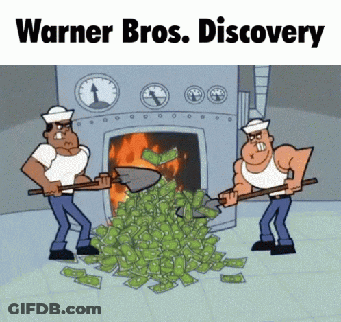 A Cartoon Of Two Men Shoveling Money Into A Furnace With The Words Warner Bros. Discovery Below Them GIF