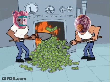 A Cartoon Of Two Men Shoveling Money Into A Pile GIF
