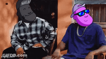 A Cartoon Of Two Men Sitting Next To Each Other With One Wearing A Hat And Sunglasses . GIF