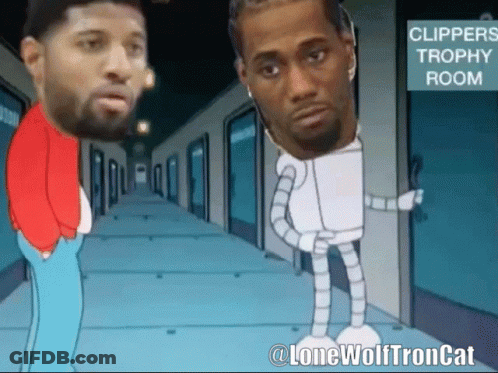 A Cartoon Of Two Men Standing In A Hallway With A Sign That Says Clippers Tropical Room GIF