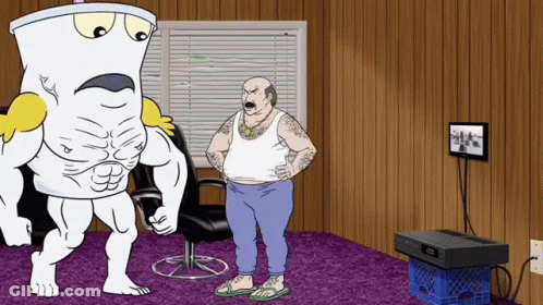 Two Men Standing In Living Room With Blue Crate GIF