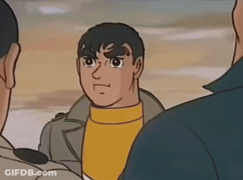 A Cartoon Of Two Men Standing Next To Each Other With One Smiling GIF