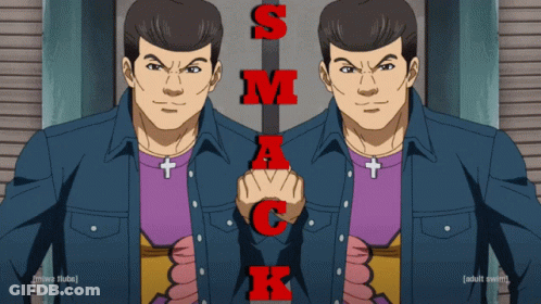 A Cartoon Of Two Men Standing Next To Each Other With Smack Written On The Bottom GIF