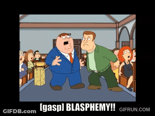 A Cartoon Of Two Men Standing Next To Each Other With The Words Gasp Blasphemy On The Bottom GIF