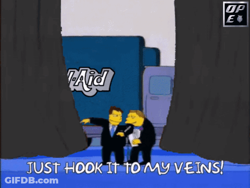 A Cartoon Of Two Men Standing Next To Each Other With The Words Just Hook It To My Veins GIF