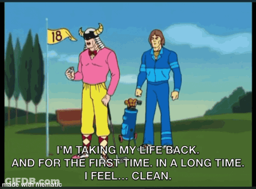 A Cartoon Of Two Men Standing On A Golf Course With The Number 18 In The Background GIF