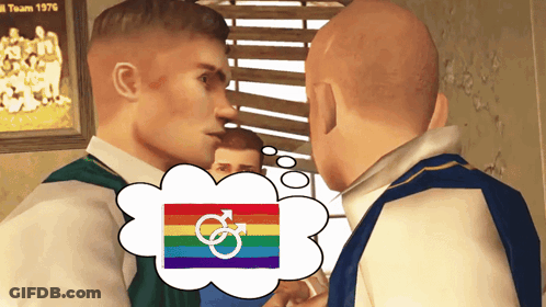 A Cartoon Of Two Men Talking With A Rainbow Flag In The Middle GIF