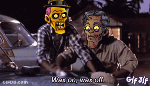 A Cartoon Of Two Men Waxing A Car With The Words Wax On Wax Off GIF