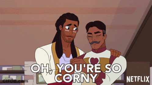 A Cartoon Of Two Men With The Words Oh You 'Re So Corny GIF