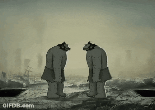 A Cartoon Of Two Monkeys Standing Next To Each Other In A Field GIF